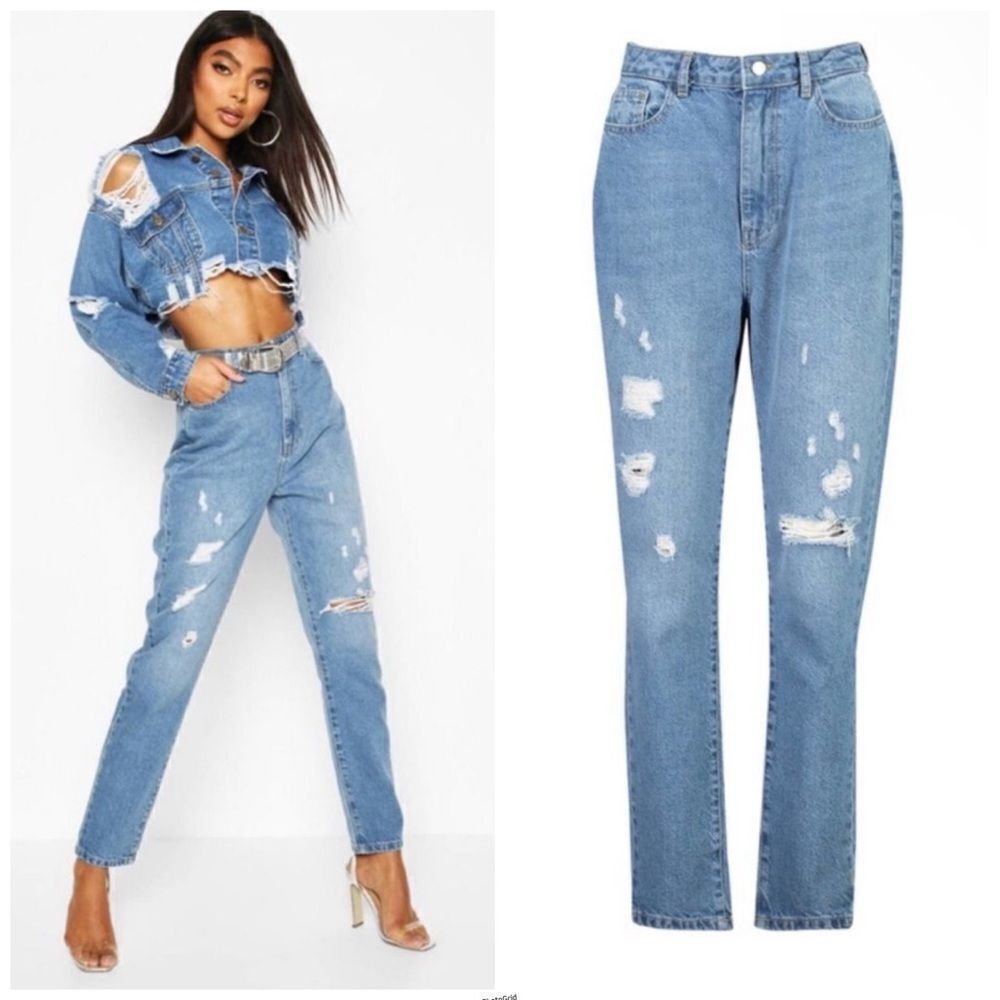BOOHOO NWT Medium Denim Wash Mom Distressed Ripped Jeans, 8 Tall